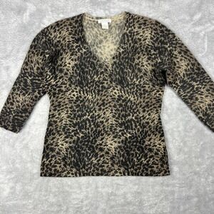 Tweeds Sweater 100% 2 Ply Cashmere Sz M‎ Animal Print 3/4 Sleeve V-neck Pullover